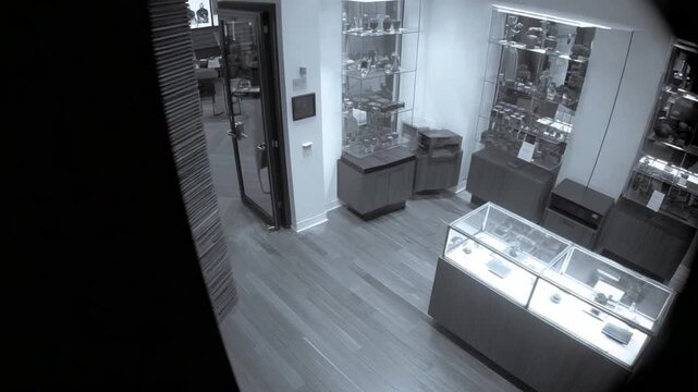 Silent Shop Interior: A cold, high-angle view of a shop interior, the image is devoid of human presence, with shelves, and display cases illuminated by the overhead light.