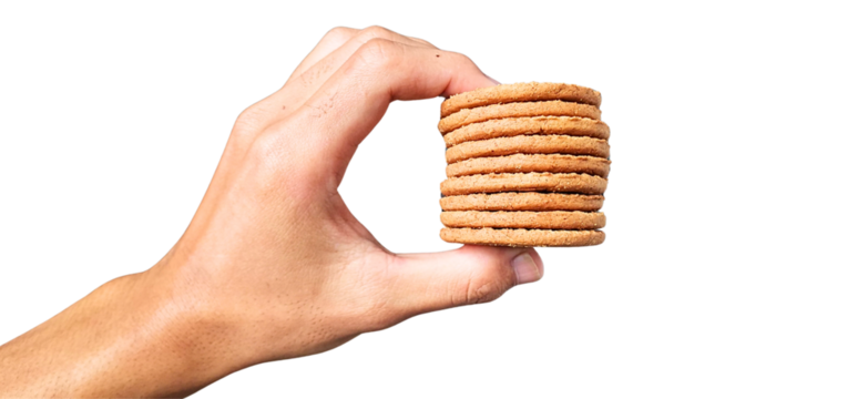 Close-up photo of a hand holding a crispy biscuit on a transparent background, suitable for culinary elements, food promotion materials, and versatile digital design use.
