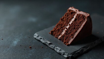 Minimalist Chocolate Cake with Sparse Sprinkles A single slice of rich, dark chocolate cake on a sleek, dark slate surface. A very light, sparse dusting of fine, monochromatic dark sprinkles is