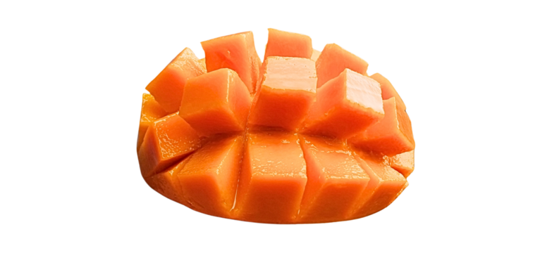 Image of ripe mango slices cut into bright yellow cubes on a transparent background, suitable for culinary elements, food illustrations, and versatile digital design applications