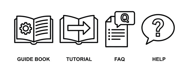 Set of four simple line art icons representing a guide book tutorial faq and question mark for information and support