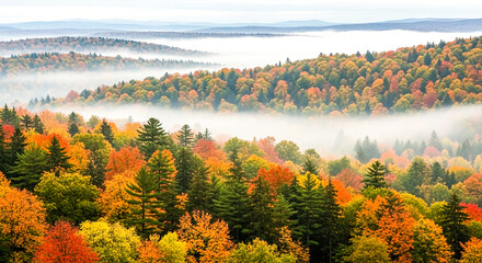 A breathtaking view of a misty autumn forest with rolling hills, showcasing vibrant fall foliage in red, orange, and yellow hues.