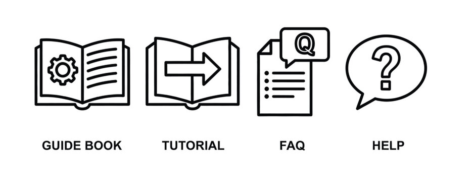 Set of four simple line art icons representing a guide book tutorial faq and question mark for information and support