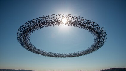 Flock of Birds Forming Circular Shape Against Bright Sunlight