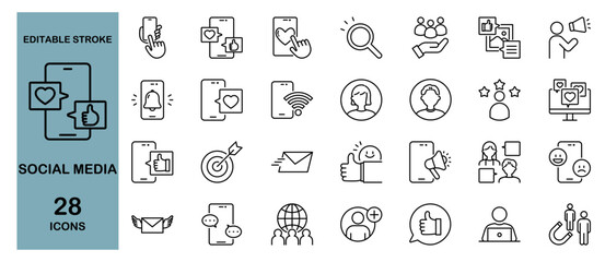 Social Media Icon Set – Network, Communication, business and Marketing. Editable Stroke, Vector Illustration
