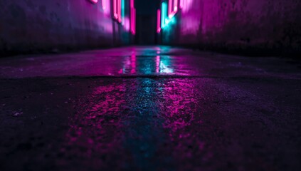Vibrant Neon Lights Reflecting on Wet Floor in Dark Corridor Scene
