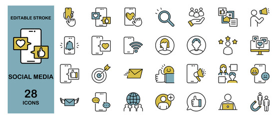 Social Media Icon Set – Network, Communication, business and Marketing. Editable Stroke, Colored Vector Illustration