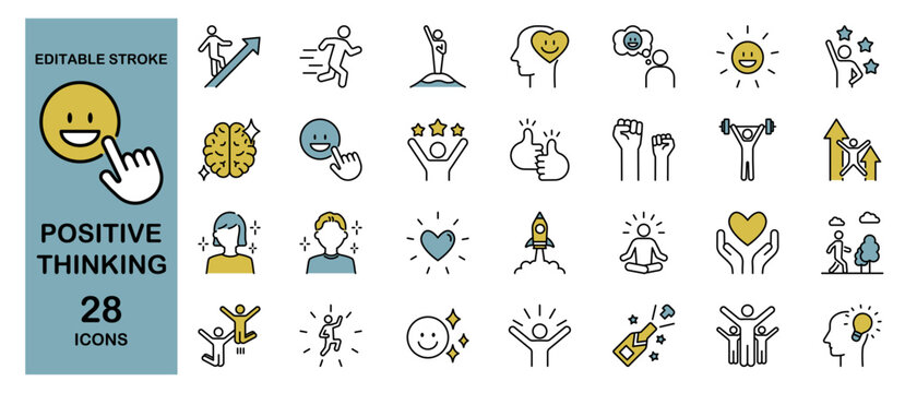 Positive Thinking Icon Set – Emotion, Motivation, Optimism and Success. Editable Stroke, Colored Vector Illustration