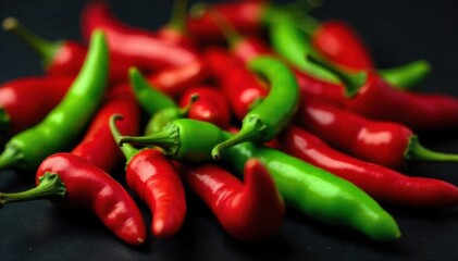 Spicy Food Ingredient Composition A visually striking, overhead composition of various whole chili peppers (red, green, yellow), scattered chili flakes, peppercorns, and a drizzle of rich red chili