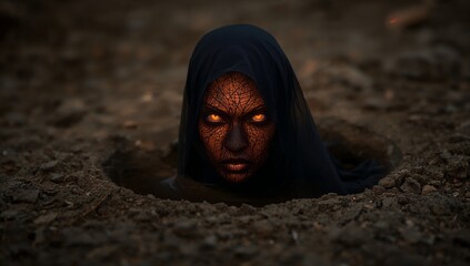 Dark Figure Emerging from Earth with Glowing Eyes in Mysterious Setting