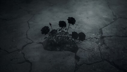 Dark Elegance: Black Roses Blooming from a Cracked Surface