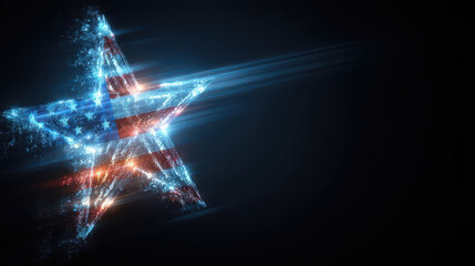 Bright glowing star with United States flag texture is shining on dark background