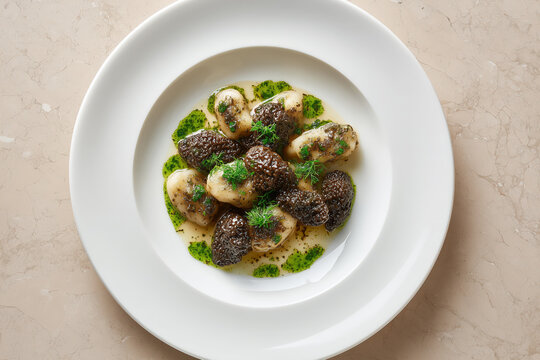 Elegant plate of gourmet gnocchi with morel mushrooms and vibrant green sauce, a culinary delight for foodies and upscale restaurant menus