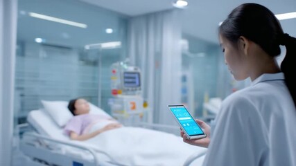 Healthcare Innovation: A dedicated healthcare professional monitors a patient's vital signs and treatment progress through a digital interface.