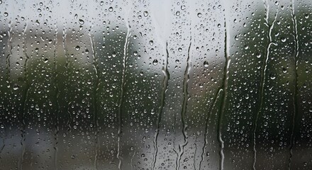 Close-up view of a rain-covered window with water droplets streaming down on a cloudy day, creating a blurred background of trees and sky
