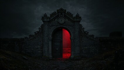 Mysterious Dark Portal with Red Light in Ominous Landscape