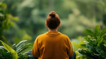 Woman in yellow sweatshirt sits surrounded by vibrant green foliage, quietly contemplating nature, expressing solitude and emotional healing. Concept of mindfulness and personal well-being