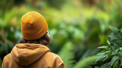 Woman in yellow hoodie and beanie sits surrounded by vibrant green forest foliage, reflecting mindfulness, solitude, and peaceful healing; concept of recovery and emotional wellness