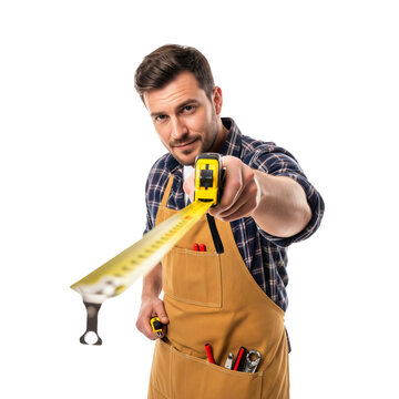 Carpenter measuring tape, handyman showing measurement, craftsman tool pose, professional builder accuracy concept, worker measurement action &mdash; Isolated on transparent background, png