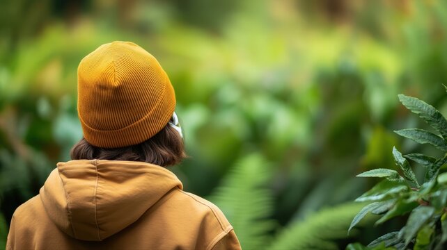 Woman in yellow hoodie and beanie sits surrounded by vibrant green forest foliage, reflecting mindfulness, solitude, and peaceful healing; concept of recovery and emotional wellness