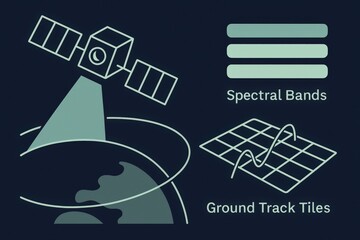 Visual representation of satellite technology illustrating spectral bands data processing alongside intricate ground track tiles analysis for advanced earth observation