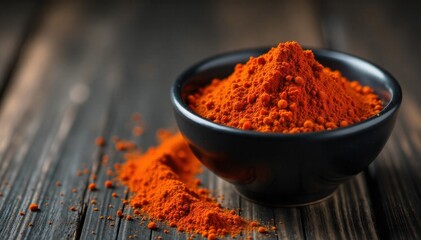 Paprika in a Clay Bowl An overhead shot of a weathered, rustic clay bowl generously filled with a vibrant, warm toned paprika spice. The lighting is soft and natural, emphasizing the organic texture