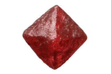 Rough red crystal or gemstone on transparent background, showing imperfect texture and raw mineral form