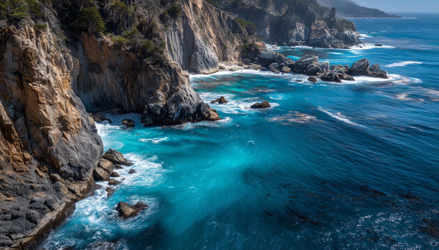 Breathtaking coastal vista of rugged cliffs meeting vibrant turquoise ocean waters, perfect for adventure travel and scenic landscape photography portfolios