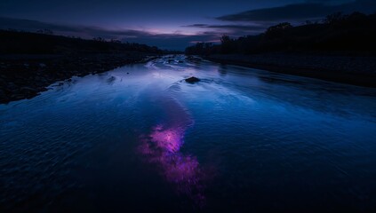 Tranquil River Landscape at Dusk with Surreal Light Reflections