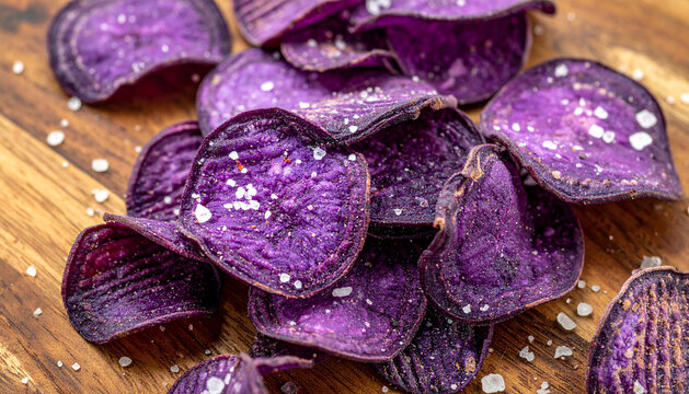 Close-up purple sweet potato chips with fine sea salt, macro crispy texture, clean commercial snack photography - Powered by Adobe