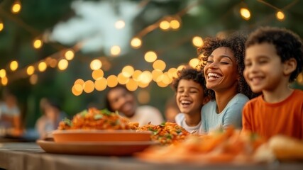 Black family enjoys dinner together at festive outdoor table with bright lights and delicious food, celebrating happiness, bonding, and love. Concept of unity and cheerful togetherness.