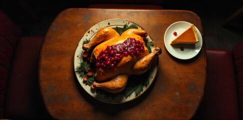 Cozy Diner Thanksgiving Spread, No People Allowed Overhead view of a rustic diner booth table laden with a Thanksgiving feast. Include a golden roasted turkey, bowls of creamy mashed potatoes, a
