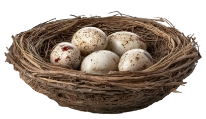 Bird Nest with Speckled Eggs isolated on a transparent background 1