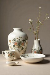 Ceramic Pottery Collection Still life composition of assorted handcrafted Andalucian ceramic pottery pieces, including vases, bowls, and jugs, varying in size and shape. The scene is illuminated by