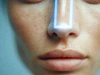 Digital Facial Scan: Close-up of a human face with a virtual, digitized nose scan overlay, illustrating advanced technological interface. - Powered by Adobe