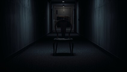 Dark Hallway with Empty Chair Illuminated by Soft Light