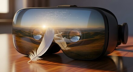 A pair of virtual reality goggles placed on a wooden surface with a feather resting against them, capturing a scenic landscape with a sunset in the background