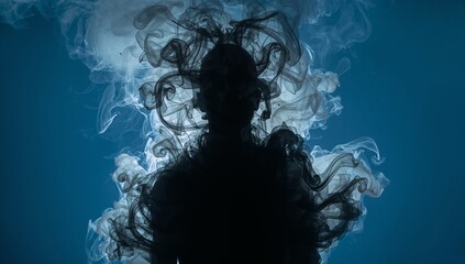 Ethereal Silhouette with Smoke Patterns Against Dark Background