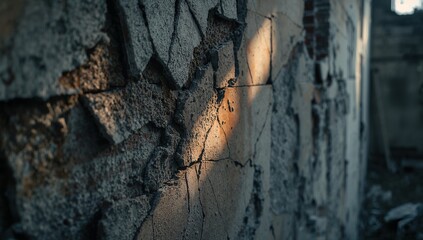 Cracked and Peeling Wall in Abandoned Building with Light Reflection