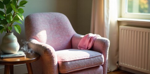 Cozy grandparent s armchair with knitting and tea, hinting at a shared, comfortable past. A worn, plush armchair in a sunlit corner of a room. A partially completed knitted scarf in soft pastel colors