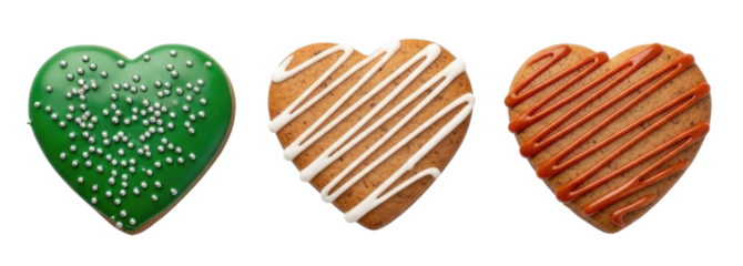 Three heart shaped cookies with different toppings transparent background cutout png