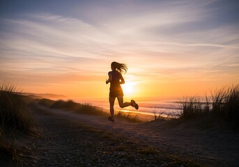 Empowered woman running at sunset on the beach achieving goals and vibrant wellness