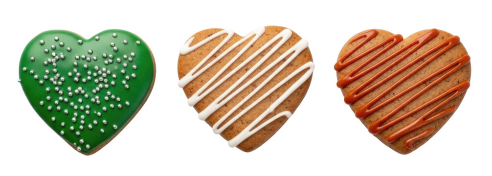Three heart shaped cookies with different toppings transparent background cutout png
