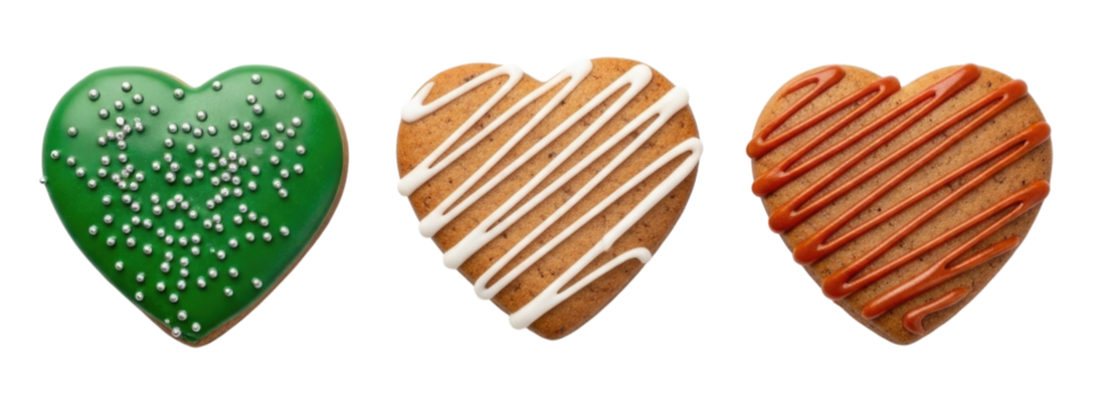 Three heart shaped cookies with different toppings transparent background cutout png