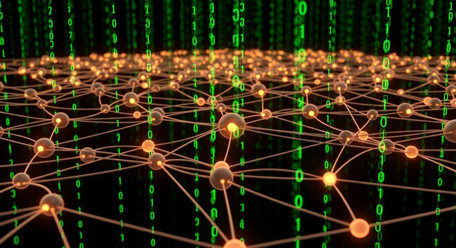 Hyper Realistic Dark Theme Wallpaper of a Glowing Neural Network and Binary Code Rain in a Cyberspace Data Core