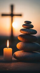 A serene scene featuring a lit candle and a balanced stack of smooth stones with a cross in the background during sunset, evoking peace and spirituality
