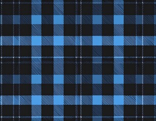 Digital rendering of a blue and black plaid pattern, featuring overlapping lines