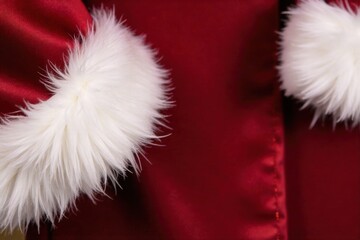 Close up Texture of Santa s Red Satin and White Trim Extreme macro shot focusing on the tactile interplay of a deep crimson red satin fabric and a very soft, fluffy white faux fur trim. The texture of