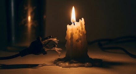 A single lit candle with melted wax dripping down, casting a warm glow in a dark environment, creating a calming and contemplative atmosphere