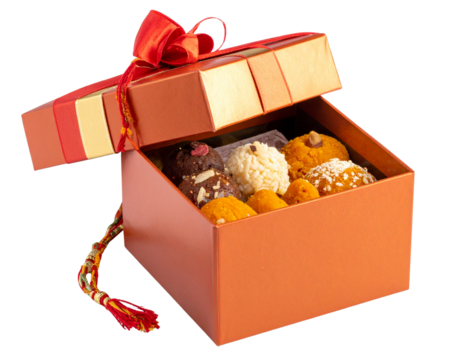 Open Raksha Bandhan Gift Box with Traditional Indian Sweets on Transparent Background